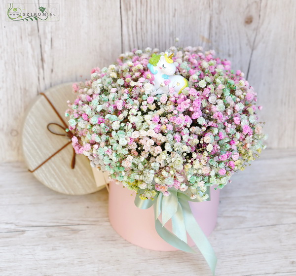 flower delivery Budapest - Rainbow gypsophila in box with unicorn