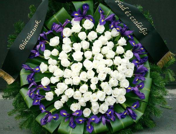 Virágküldés Budapest - állókoszorú fehér rózsából és kék nősziromból (1m, 100szál)