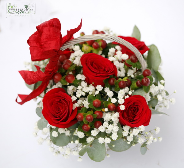 Blumenlieferung nach Budapest - 5 rote Rosen in kleinem Korb mit Gypsophila, Beeren