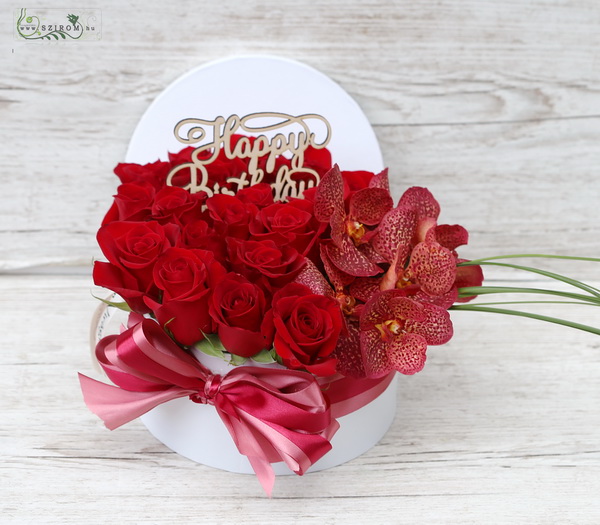 flower delivery Budapest - Red rose box with red vanda orchids (27 stems)