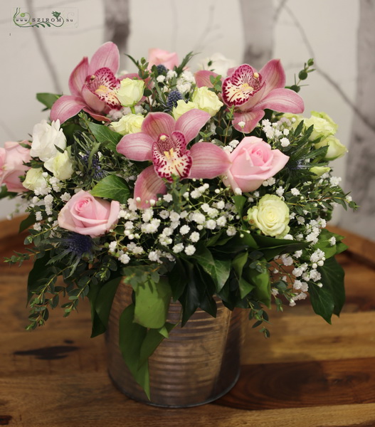 flower delivery Budapest - Flower arrangement in tin pot with pink orchids (22 stems)