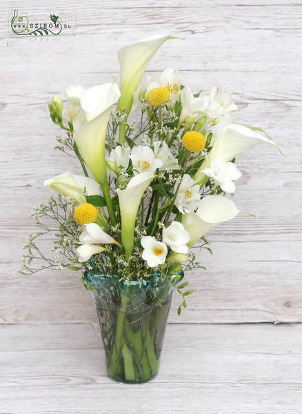 flower delivery Budapest - Special hand made vase with callas, alstromerias, freesias and small flowers (18 stems)