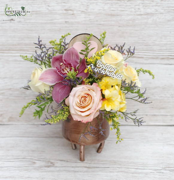 flower delivery Budapest - Mother's Day Orchid, Rose, Small Flowers Composition in Metal Bowl (11 strands)