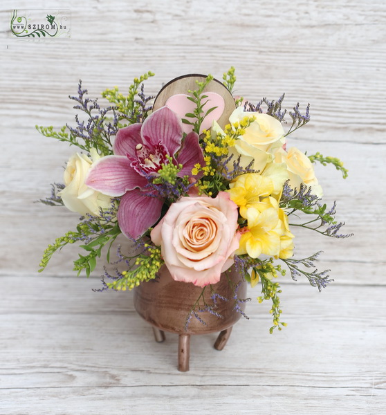 flower delivery Budapest - Orchid, Rose, Small Flowers Composition in Metal Bowl (11 strands)
