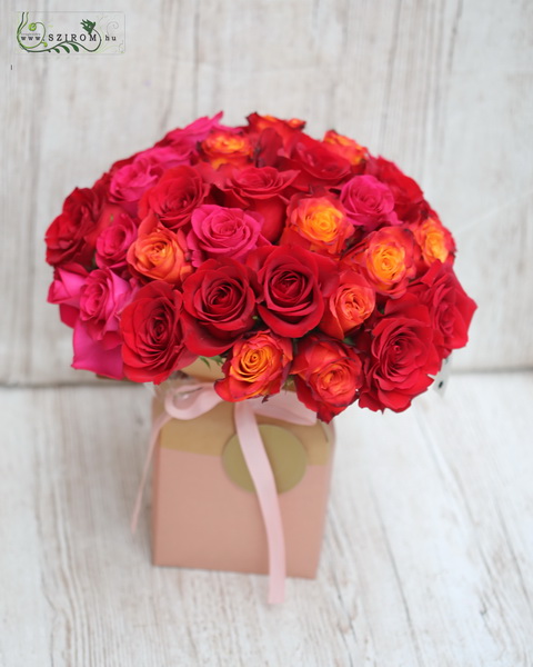 flower delivery Budapest - Hot pink, red, orange rose bouquet in papervase (45 stems)