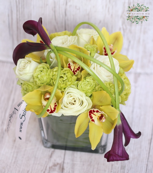 Blumenlieferung nach Budapest -  Moderner Glaswürfel mit Calla-Lilien, Orchideen und Rosen (18 Stiele)