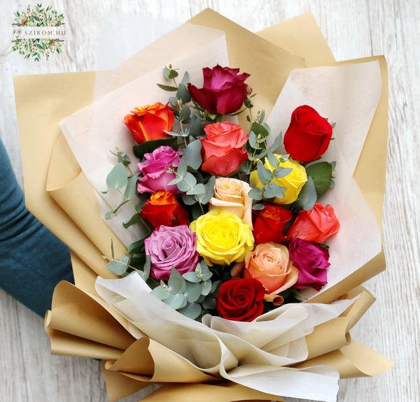 flower delivery Budapest - 15 colorful roses in modern craft paper