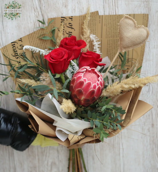 Blumenlieferung nach Budapest - Rote Rosen mit Protea Blume von Süd Afrika