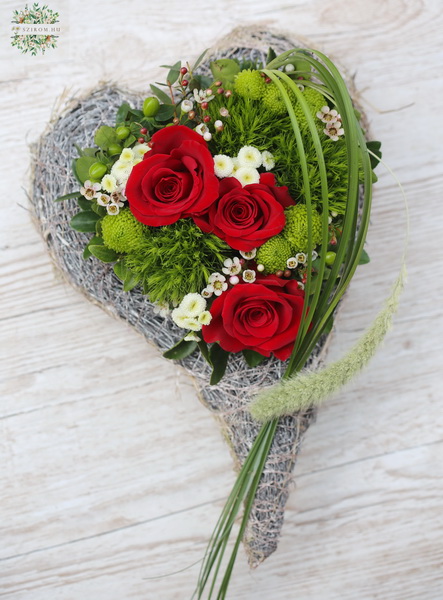 flower delivery Budapest - Heart shape with red roses and green flowers (9 stems)