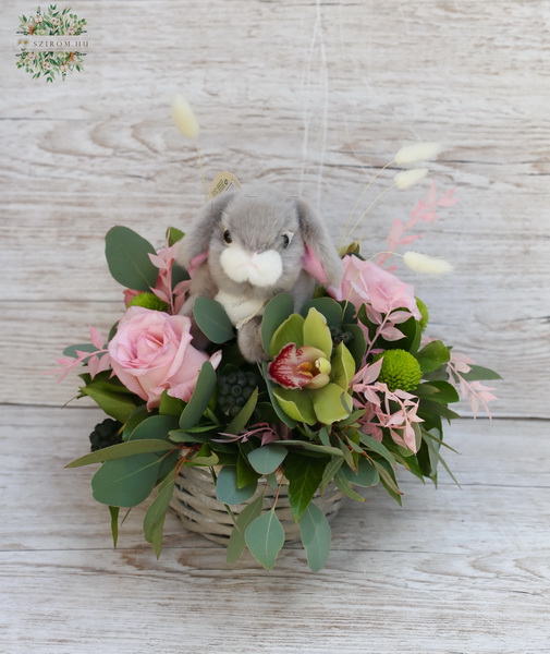 flower delivery Budapest - Bunny in basket with roses, orchids