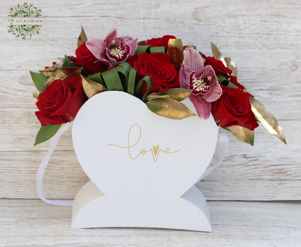 flower delivery Budapest - Love heart box with red roses, orchids (10 stems)