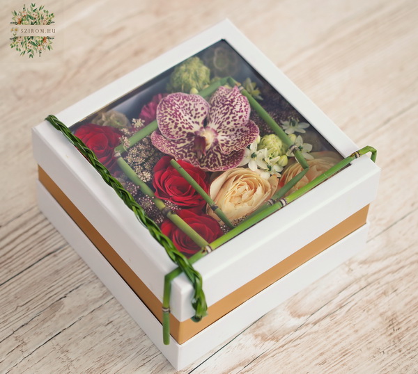 Blumenlieferung nach Budapest - Box mit transparentem Deckel, mit Rosen, Orchidee