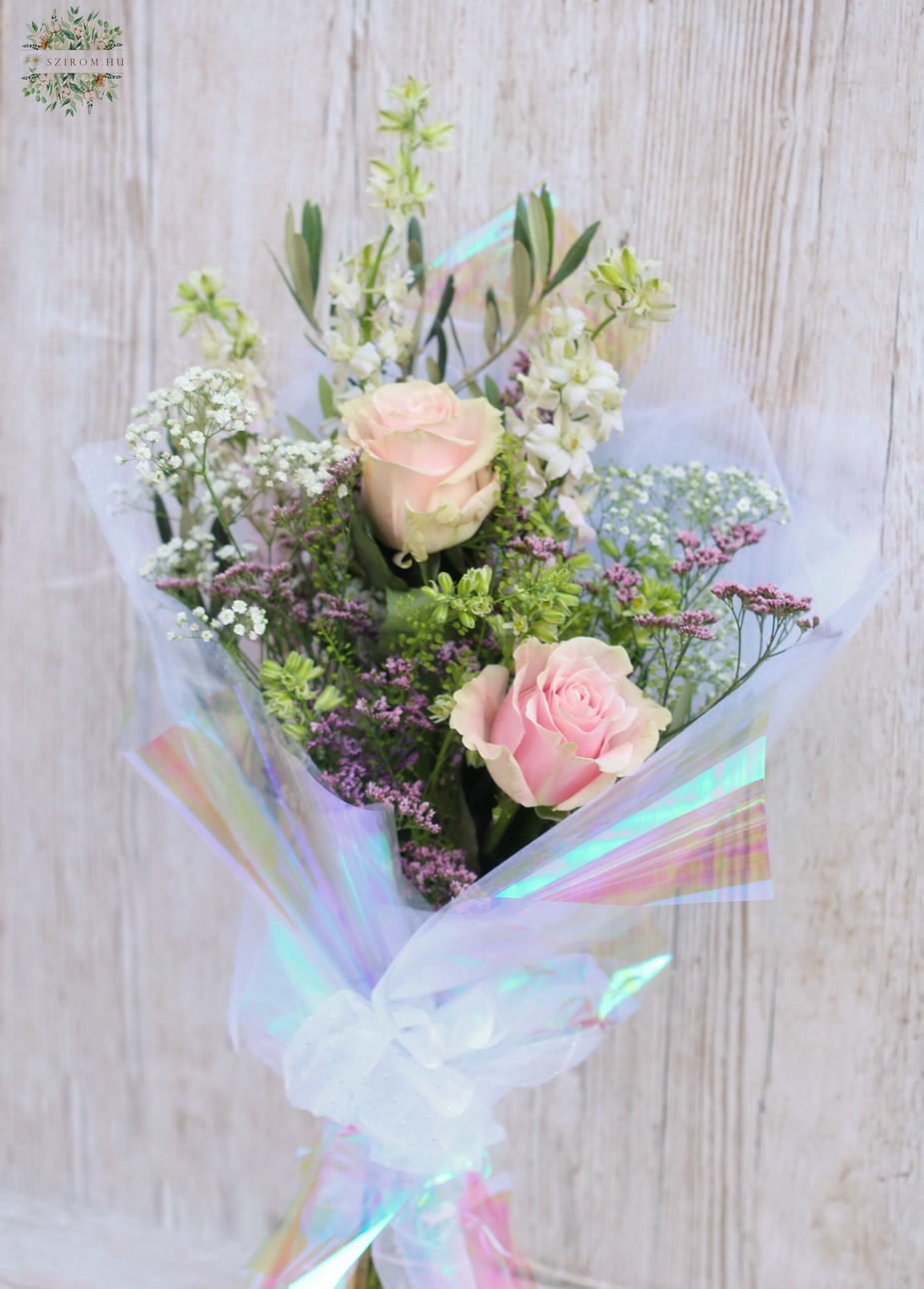 flower delivery Budapest - Field flowers with roses, in holographic paper