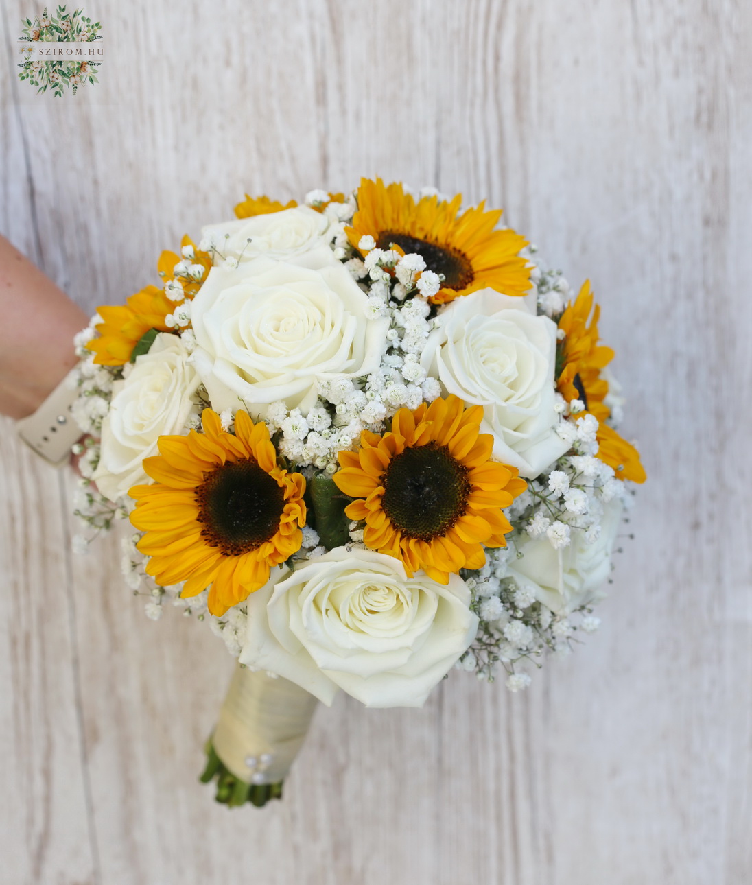 flower delivery Budapest - Bridal bouquet (rose, sunflower, vibrating, white, yellow)