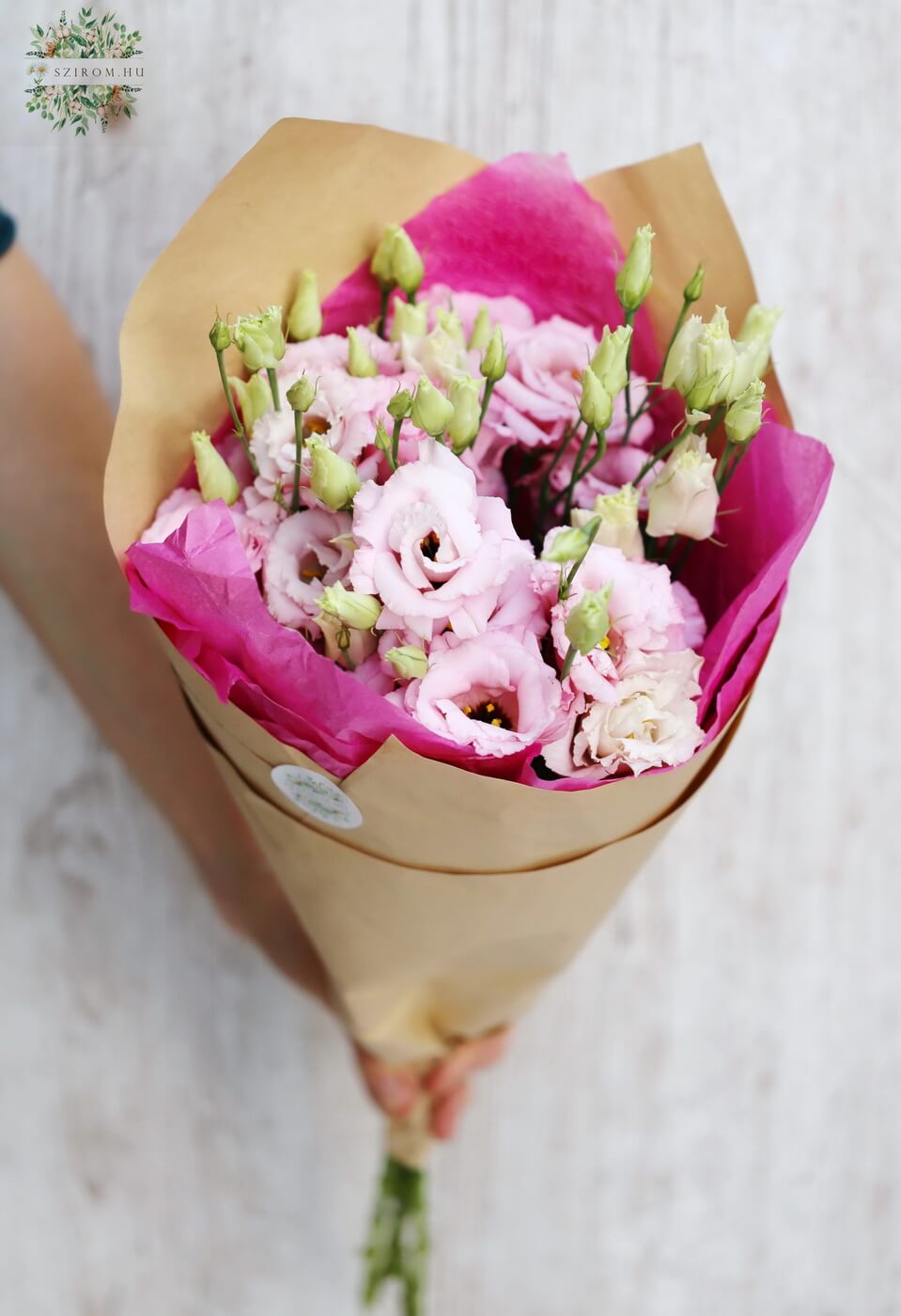 flower delivery Budapest - Pink lisianthuses in small cone bouquet (7 stems)
