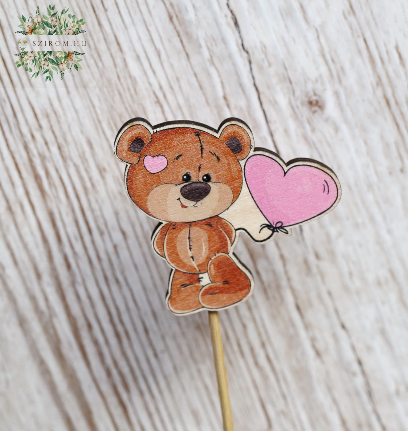 flower delivery Budapest - Teddy with heart wooden figure on stick 8 cm