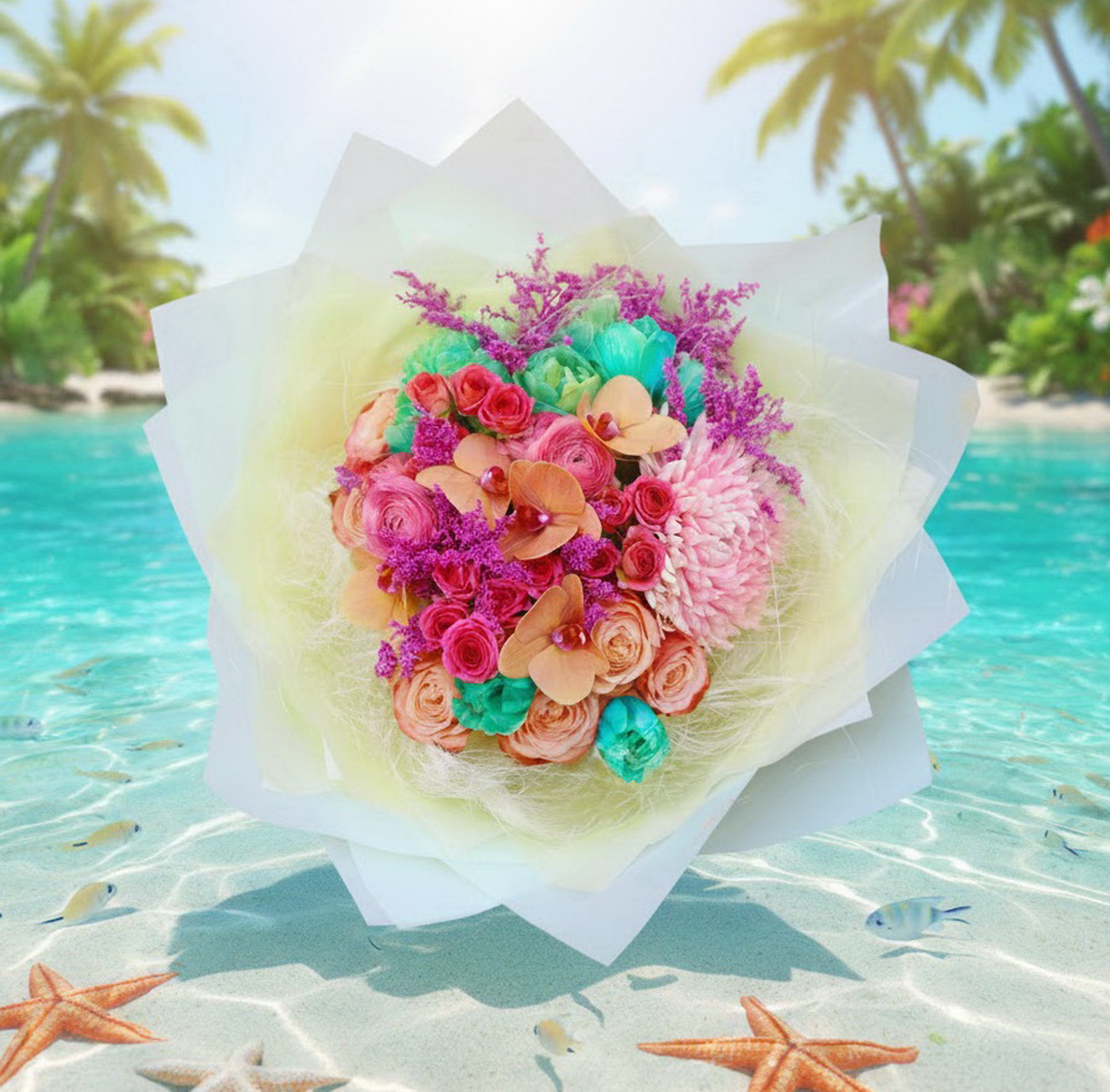 Blumenlieferung nach Budapest - Pfirsich - türkis - rosa Strauß (35 Stiele)