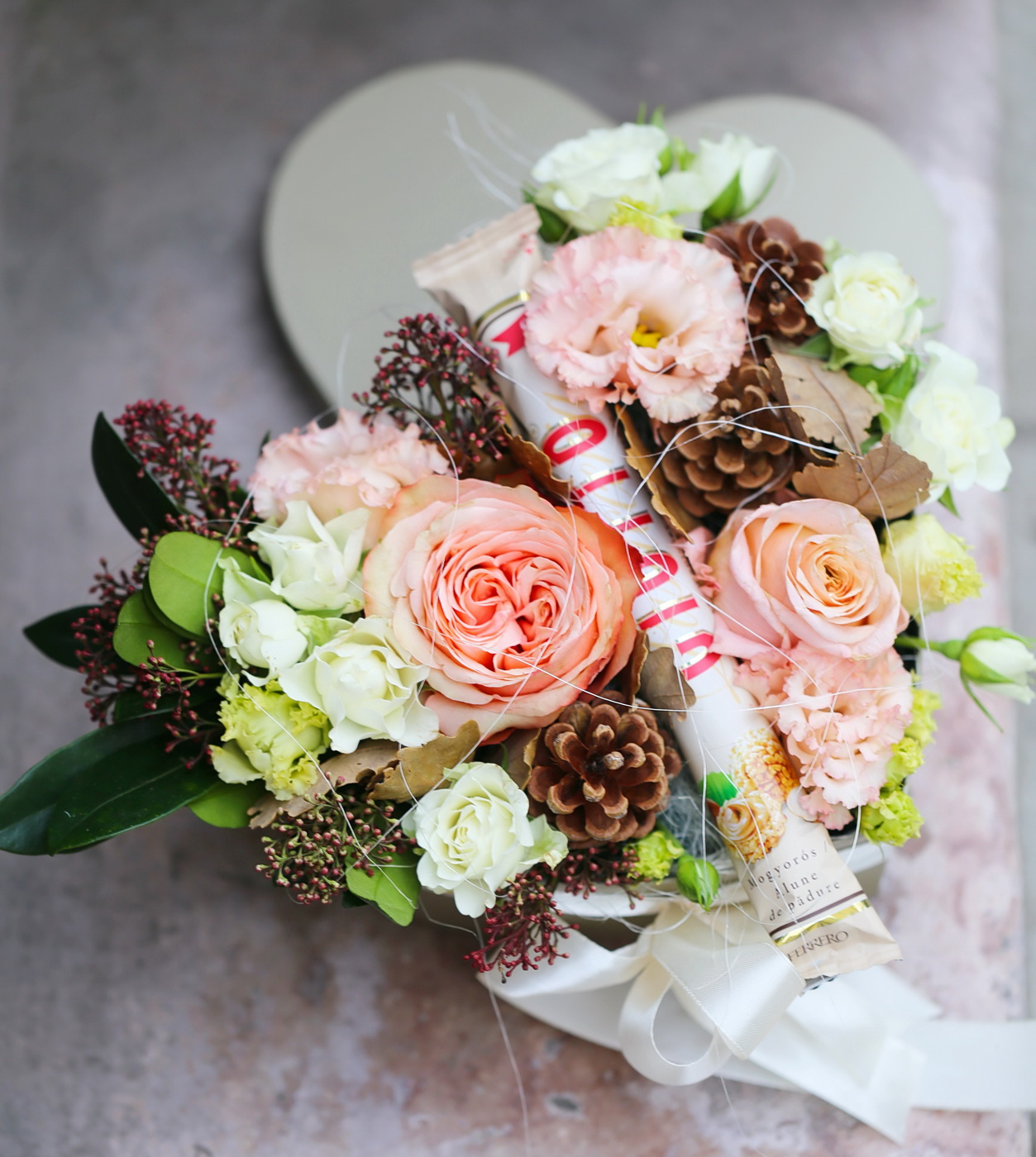 flower delivery Budapest - Heart box with Giotto chocolate, and brown accessories, in the theme of color of the year Mocha Mousse