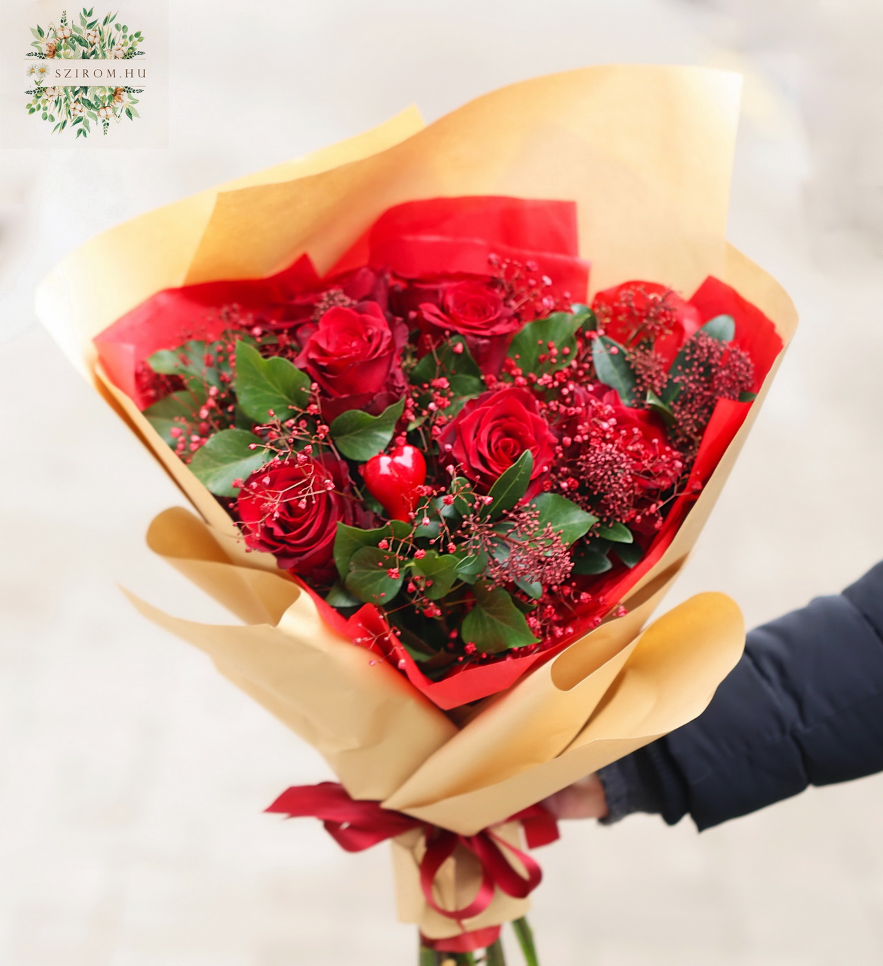 flower delivery Budapest - Red roses with small red flowers in a modern bouquet, with lettering (7 + 6 stems)