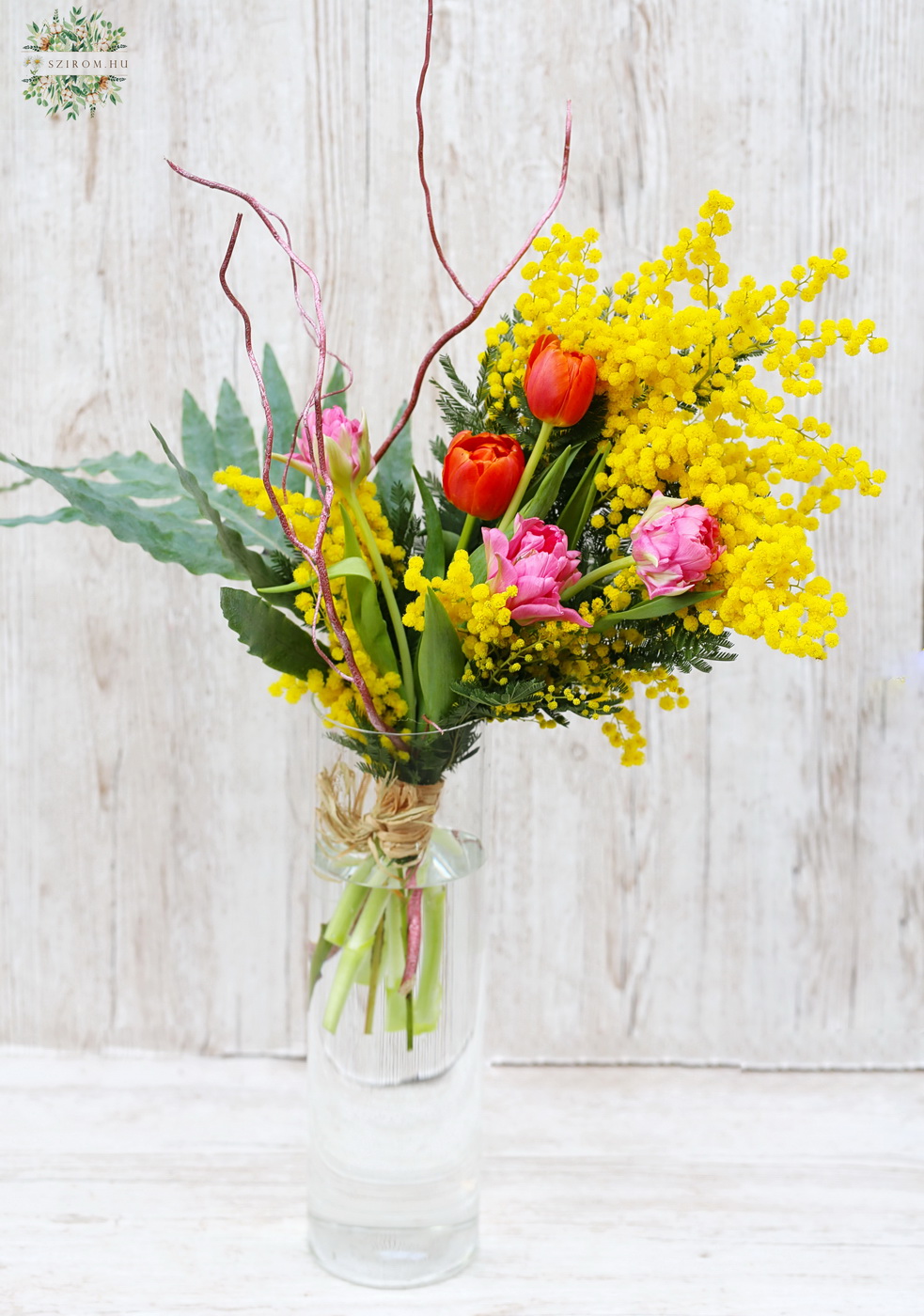flower delivery Budapest - Mimosas with tulips in vase