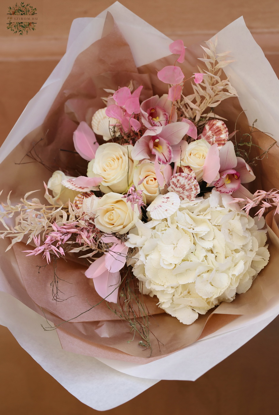 flower delivery Budapest - Pastel pink summer bouquet with seashells, orchids