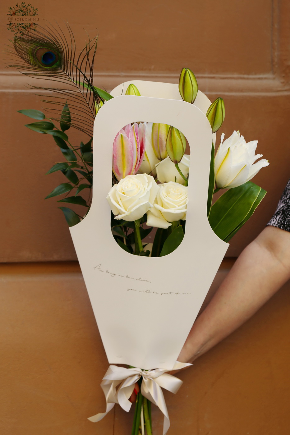 flower delivery Budapest - Portable bag bouquet with lilies, roses, peacoc feather