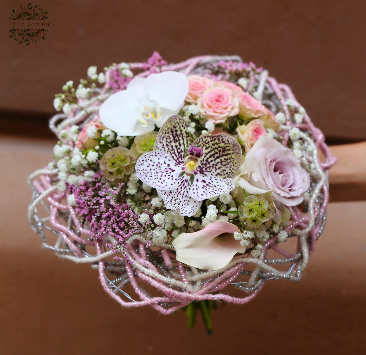 flower delivery Budapest - Small handmade bouquet with orchids, in a spaghetti wool cord bouquet base