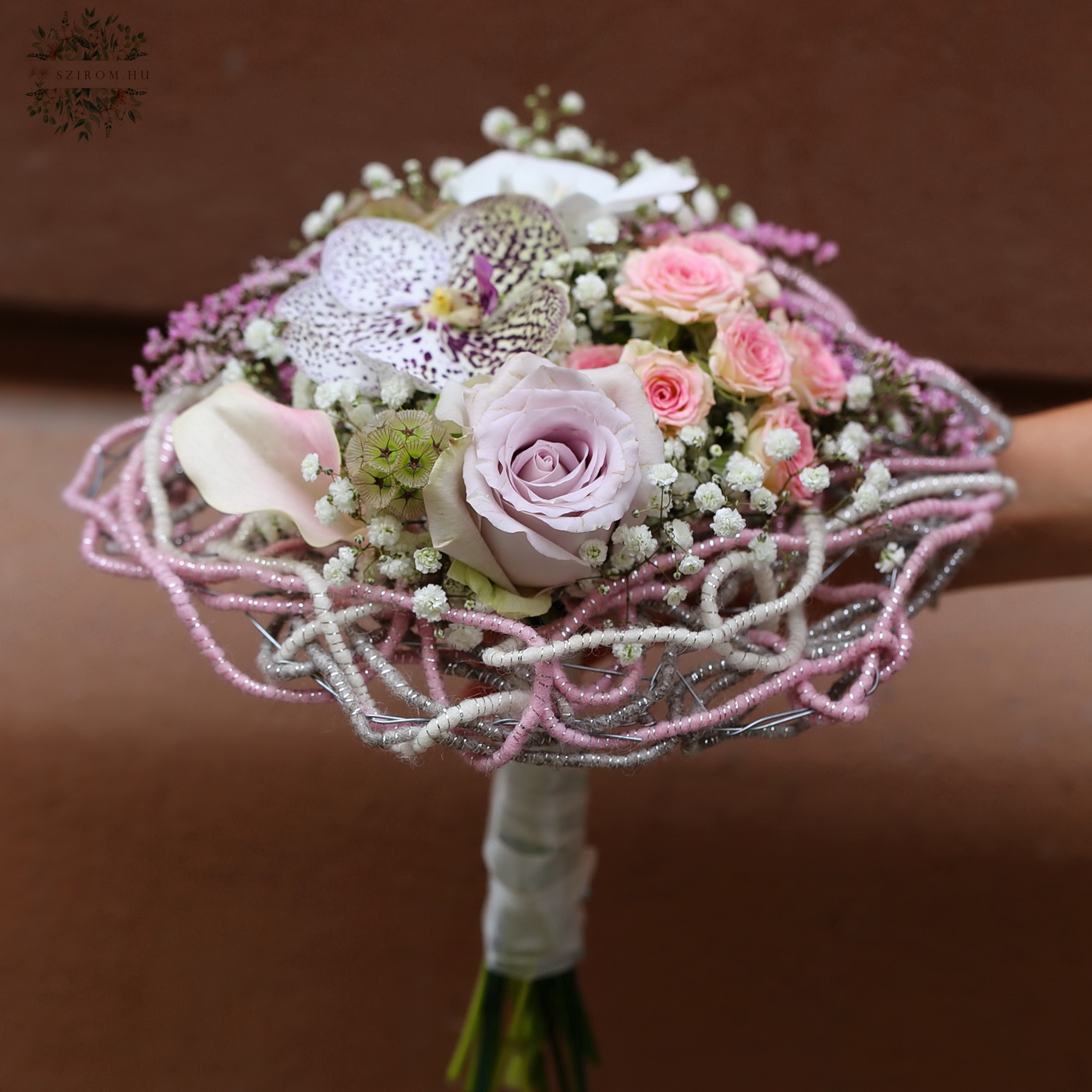 flower delivery Budapest - Small handmade bouquet with orchids, in a spaghetti wool cord bouquet base