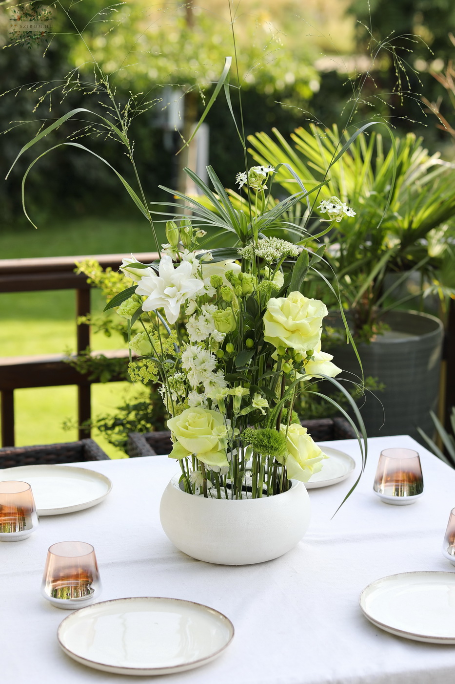 flower delivery Budapest - Elegant white - green wedding, event table flower decoration centerpiece with double petal roselilies (delphinium, lily, ornithogalum, rose)