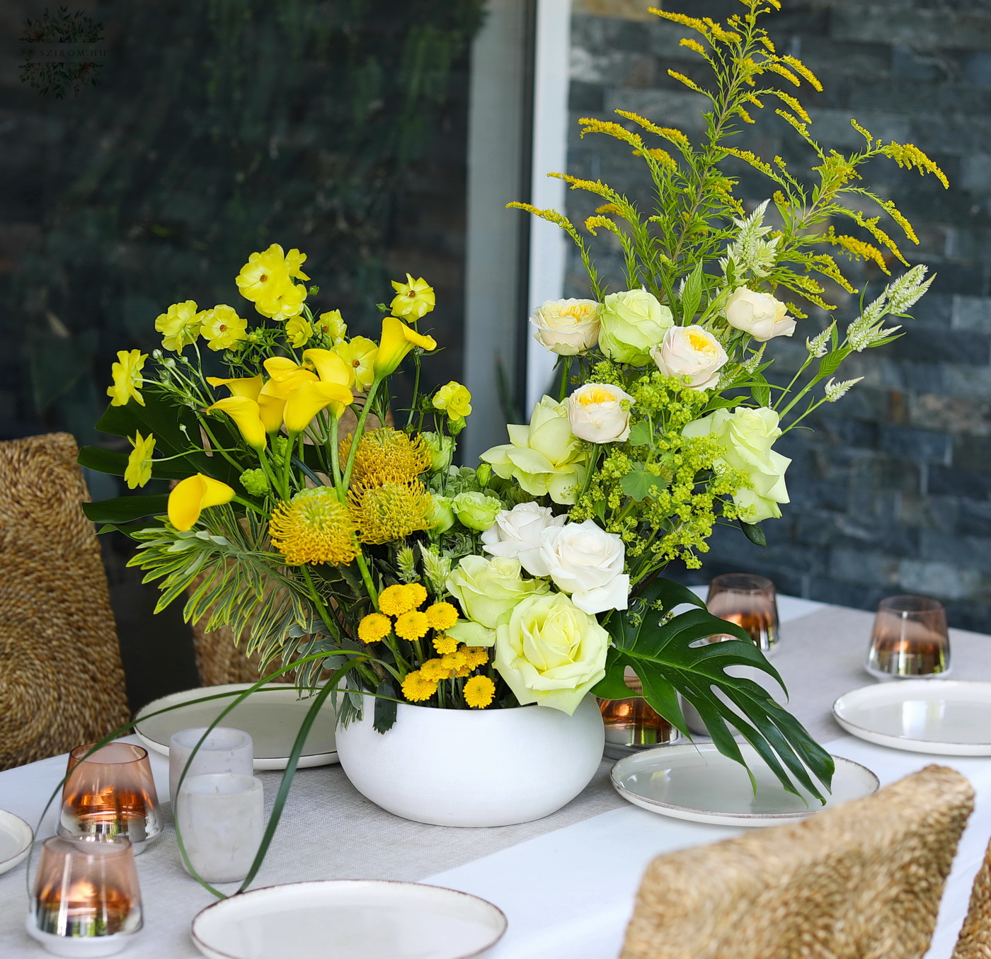 flower delivery Budapest - Large wedding event table decoration or centerpiece, crescent-shaped (yellow, calla, rose, leucospermum, lisianthus, English rose)