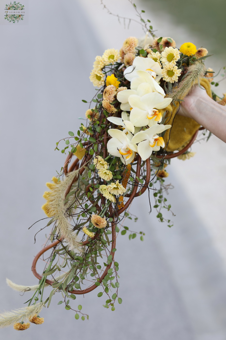flower delivery Budapest - Modern wedding cascade muff bridal bouquet, rustic (crisp, orchid, yellow, peach, cream, brown)