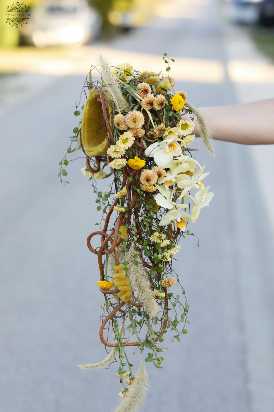 flower delivery Budapest - Modern wedding cascade muff bridal bouquet, rustic (crisp, orchid, yellow, peach, cream, brown)