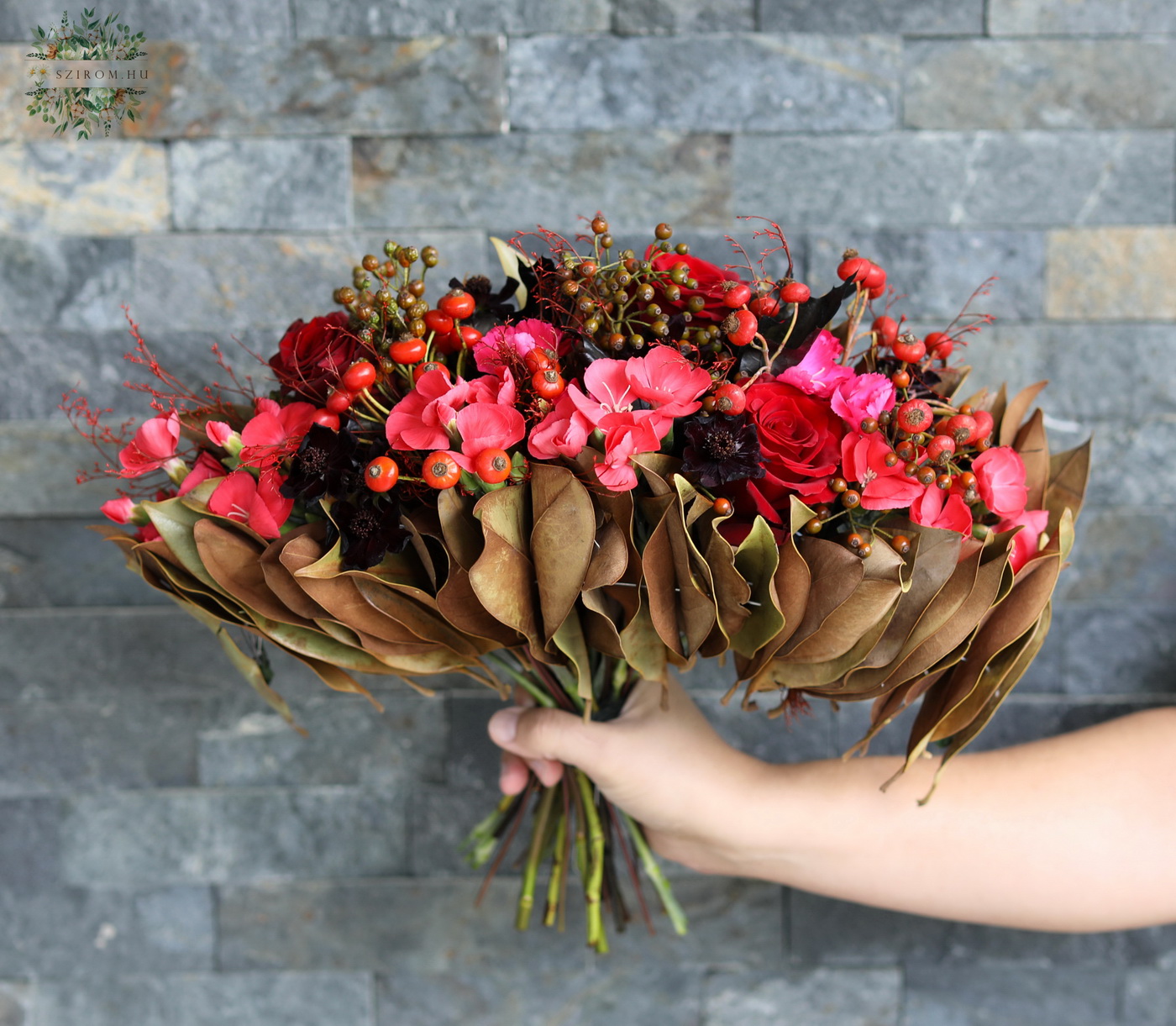 flower delivery Budapest - Modern fan-shaped bridal bouquet in intense autumn colors (scabiosa, rose, single-petal carnation, berries, magnolia)
