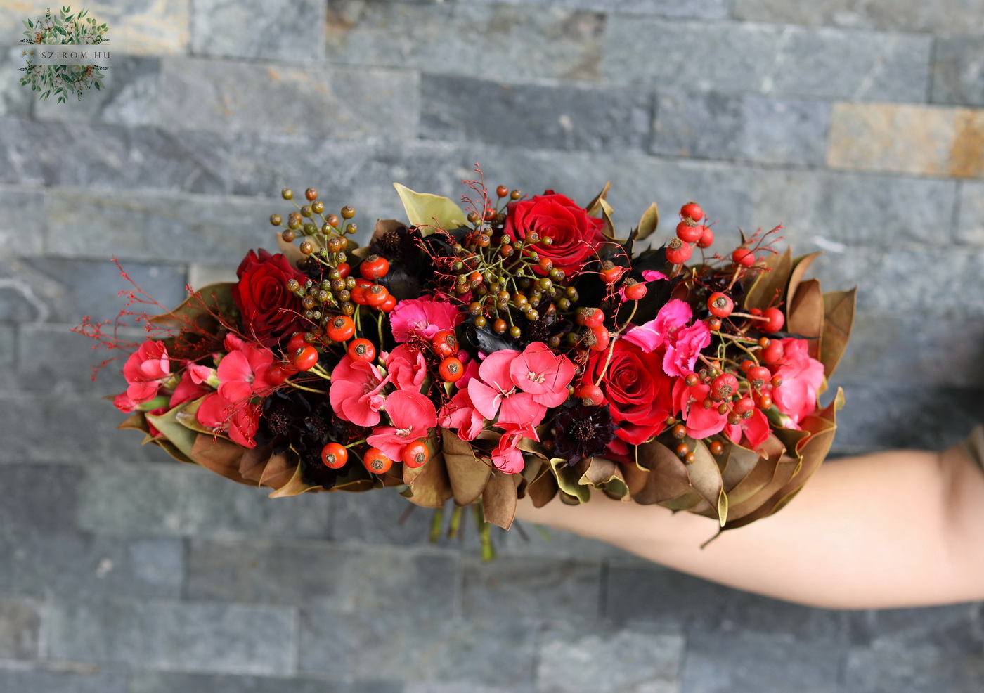 flower delivery Budapest - Modern fan-shaped bridal bouquet in intense autumn colors (scabiosa, rose, single-petal carnation, berries, magnolia)
