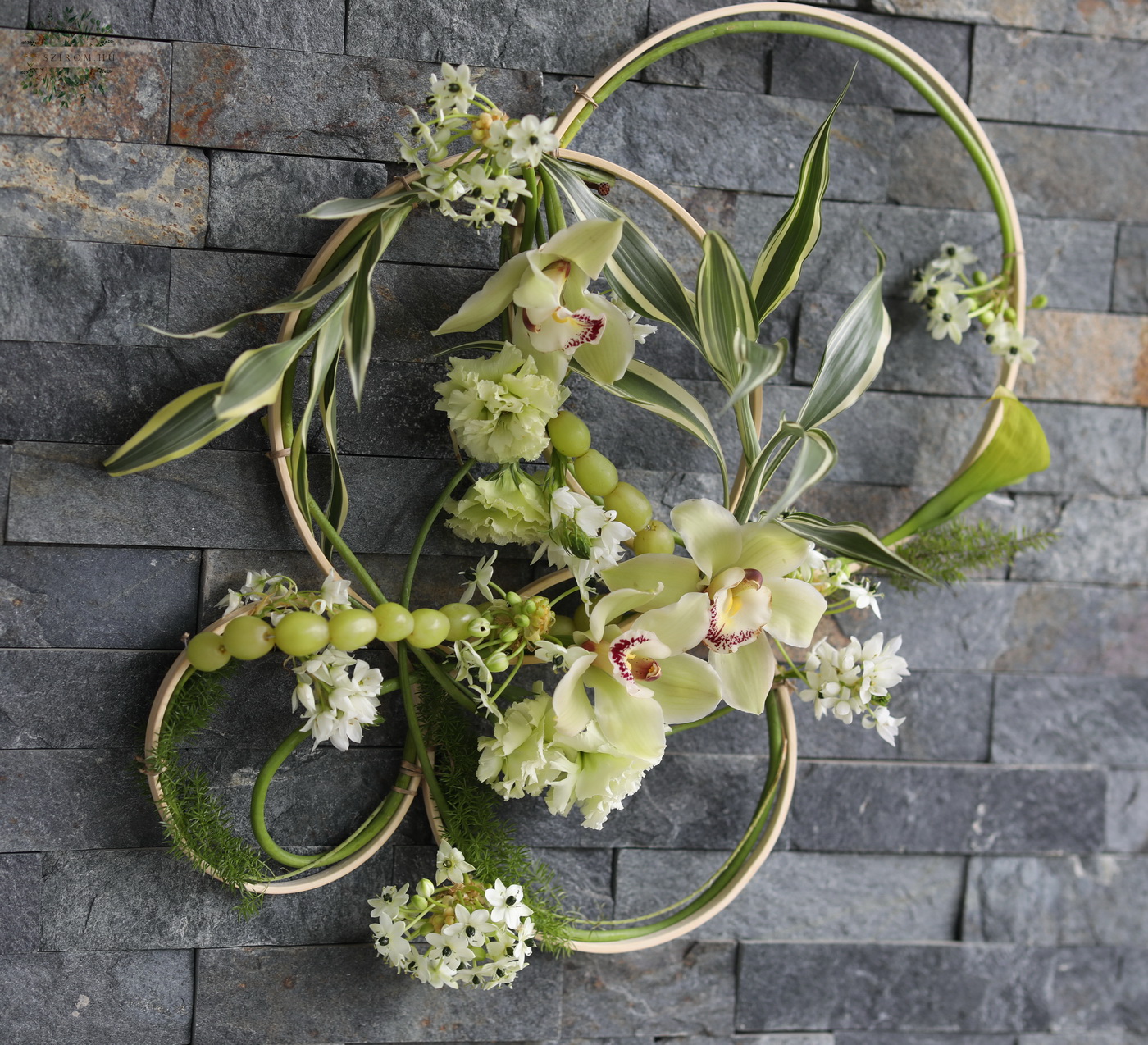 Blumenlieferung nach Budapest - moderner Hoop-Bouquet mit Orchideen (Ornithogalum, Calla, Orchidee, Grün)