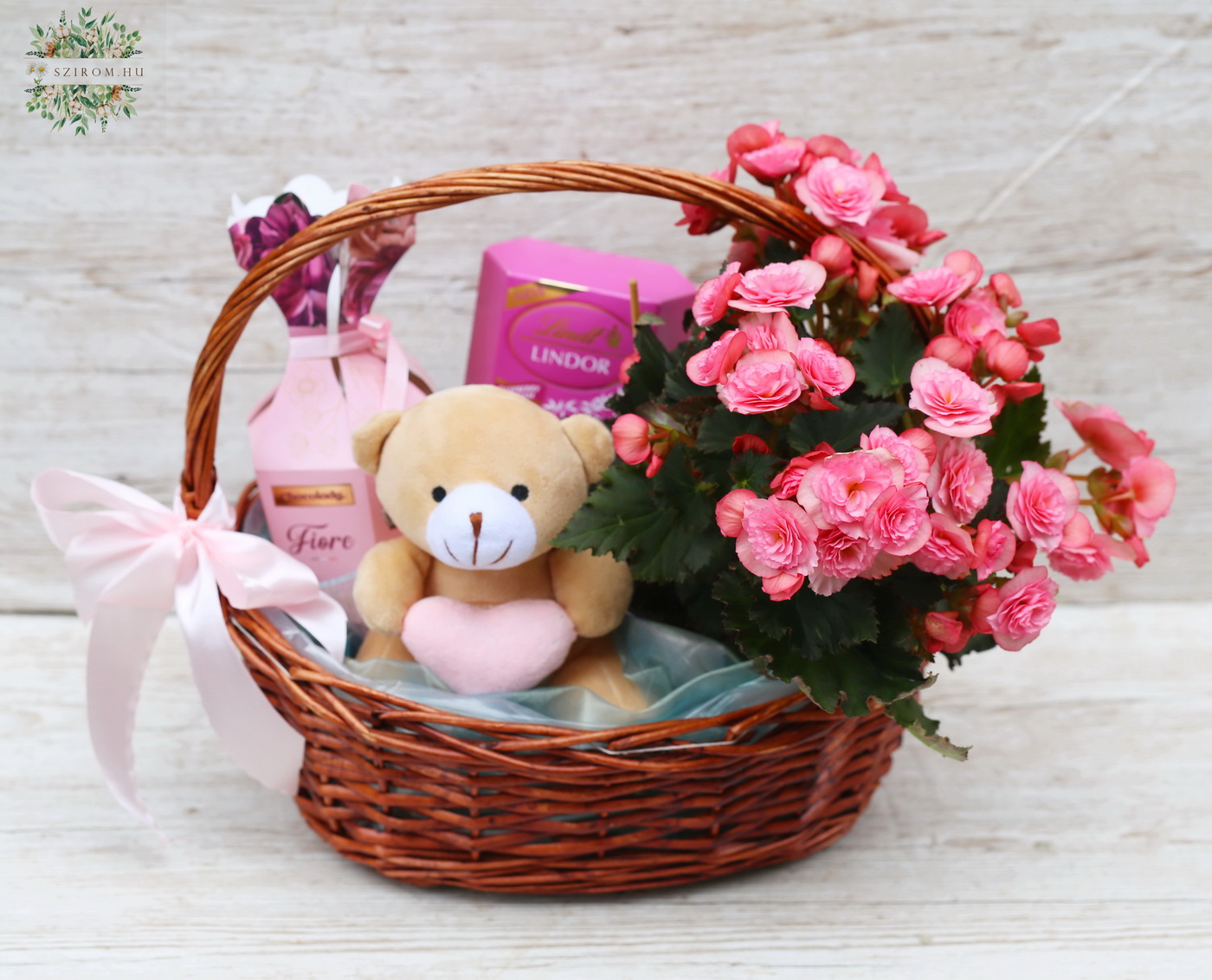 flower delivery Budapest - pink basket with teddy bear, chocolates and a flower