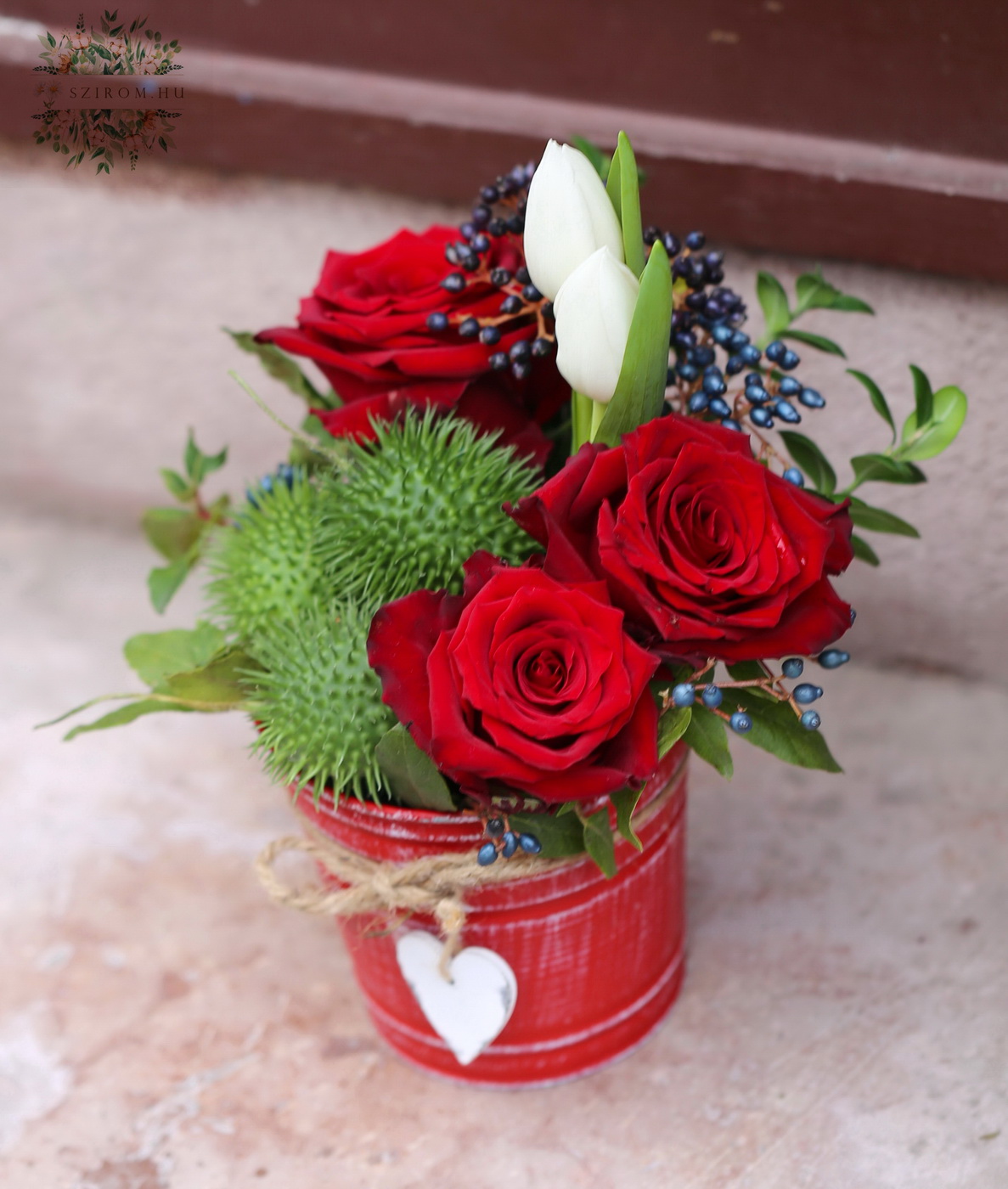 flower delivery Budapest - Metal bowl with heart, red roses, tulips, cucurbits