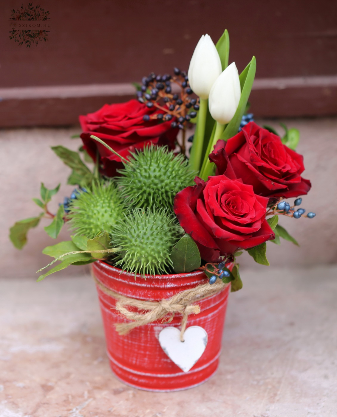 flower delivery Budapest - Metal bowl with heart, red roses, tulips, cucurbits