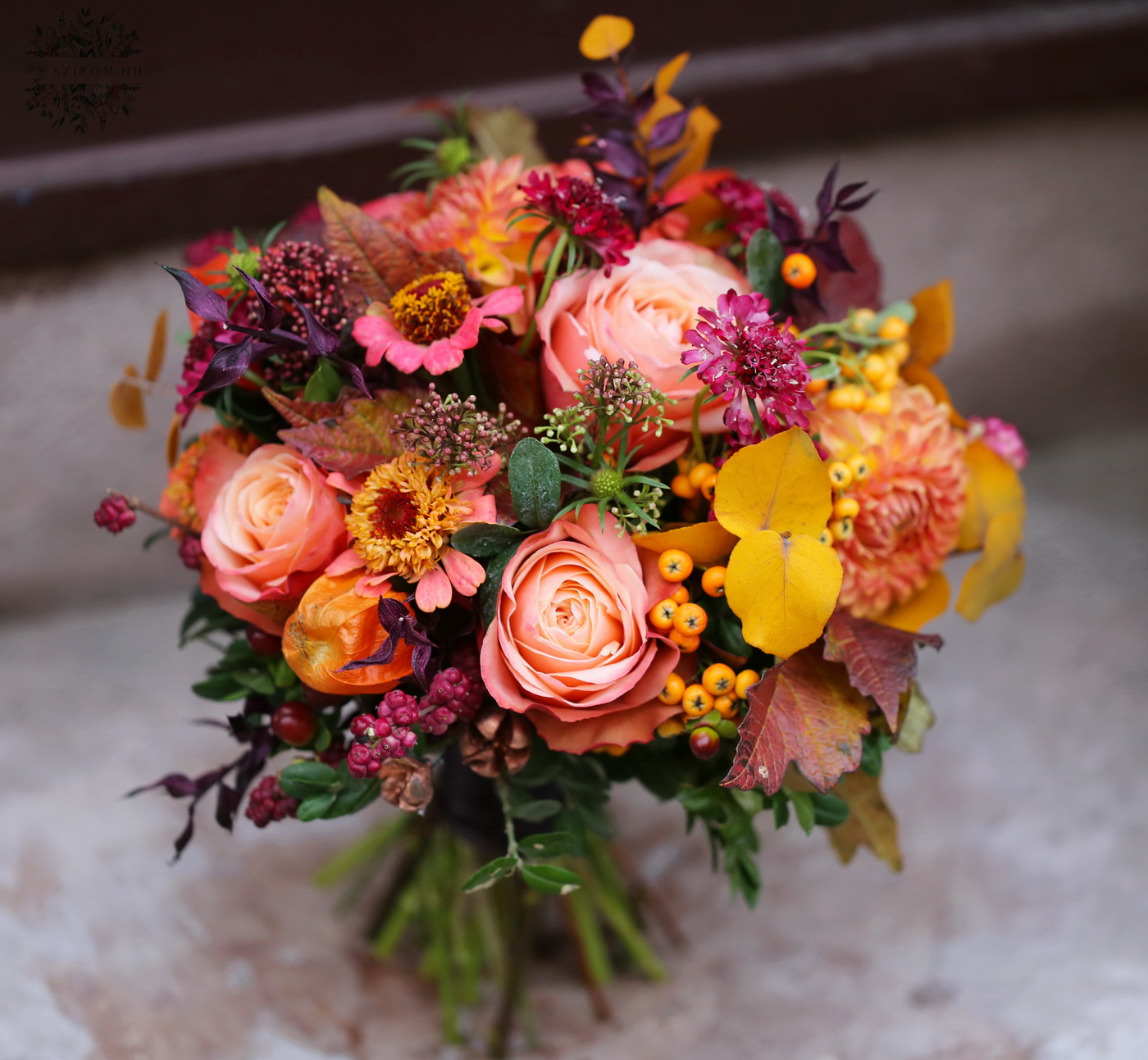 flower delivery Budapest - Autumn bridal bouquet with dahlias (rose, dahlia, zinnia, scabiosa, skimmia, orange, burgundy)