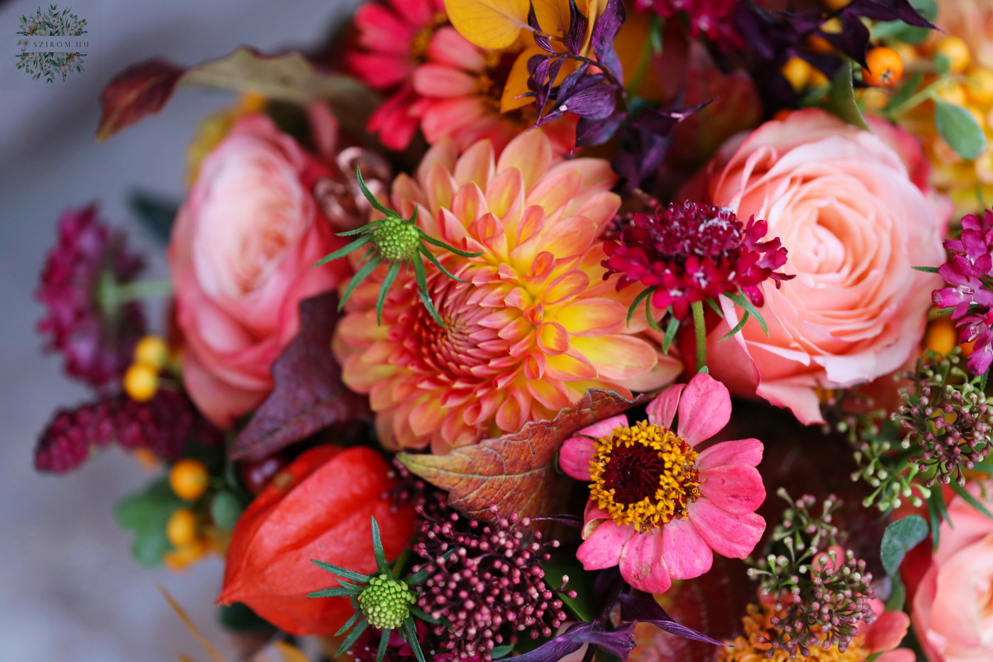 flower delivery Budapest - Autumn bridal bouquet with dahlias (rose, dahlia, zinnia, scabiosa, skimmia, orange, burgundy)