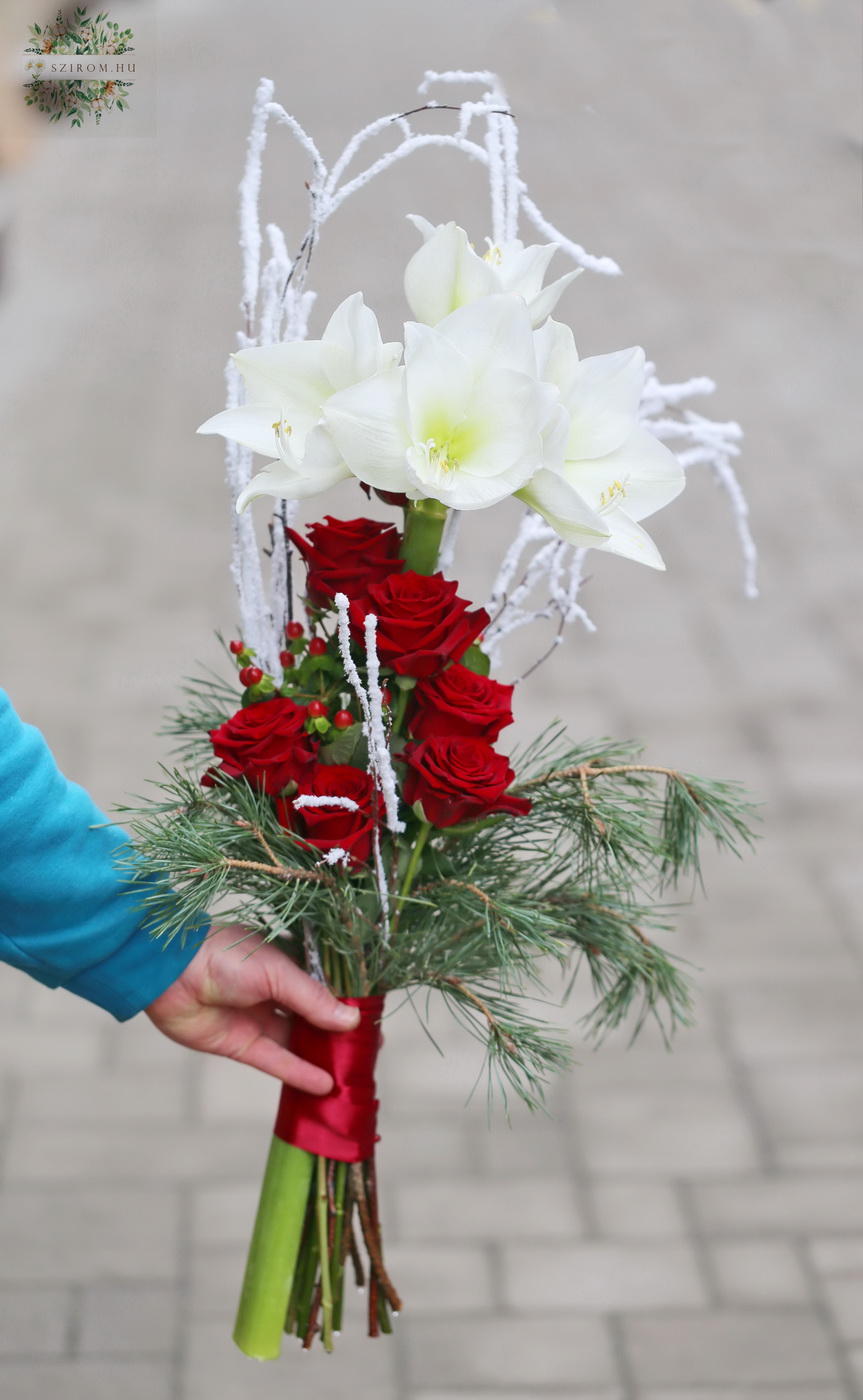 Blumenlieferung nach Budapest - Weiße Amaryllis mit roten Rosen