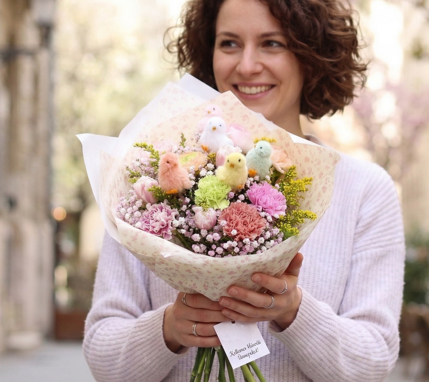 Blumenlieferung nach Budapest - Pastellfarbener Osterkükenstrauß