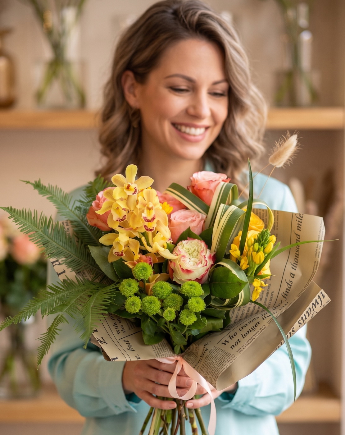 Virágküldés Budapest - Modern rózsa csokor mini cymbidium orchidea fürttel