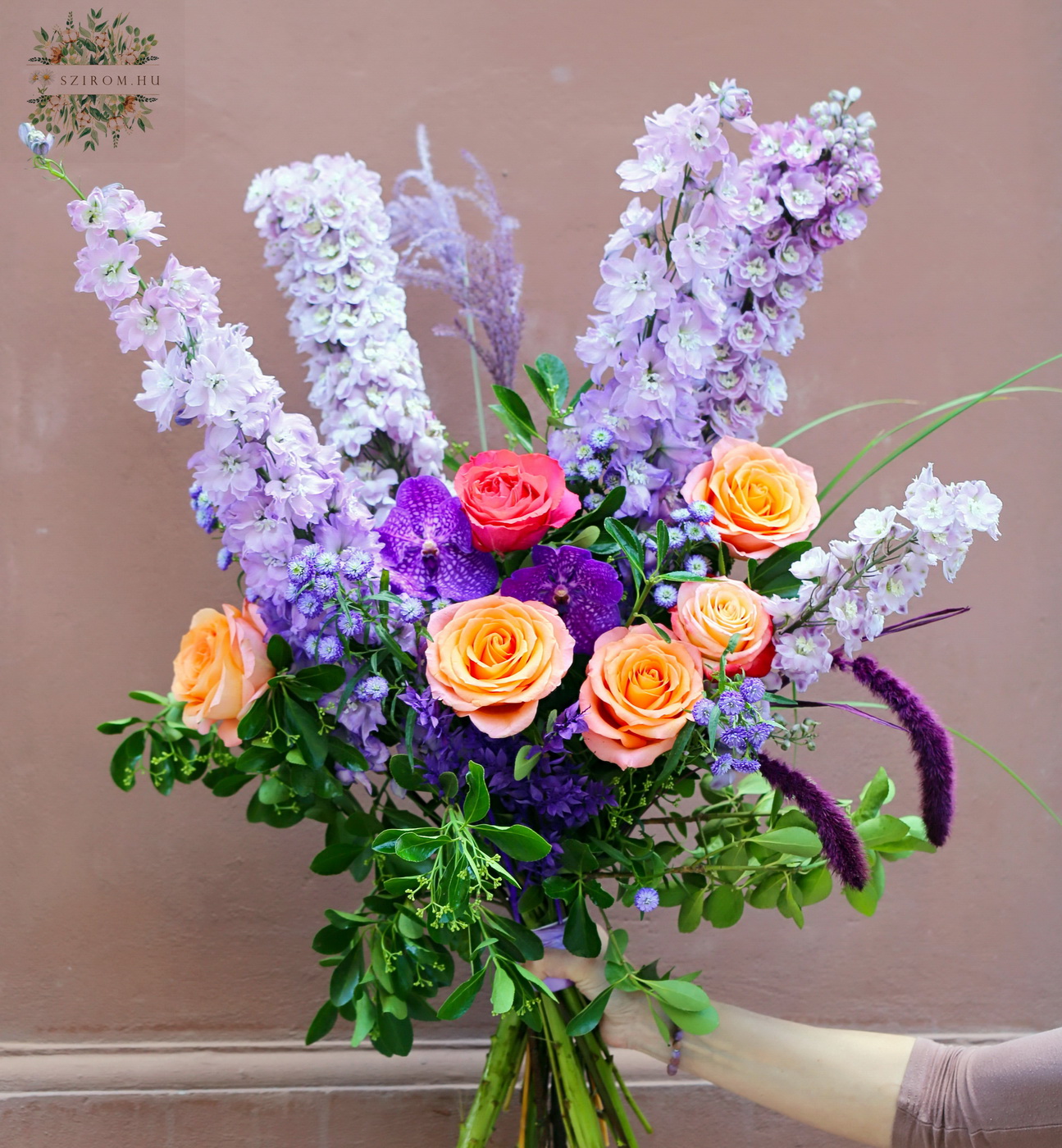 flower delivery Budapest - Large summer bouquet with large delphiniums, coral roses, vanda orchids