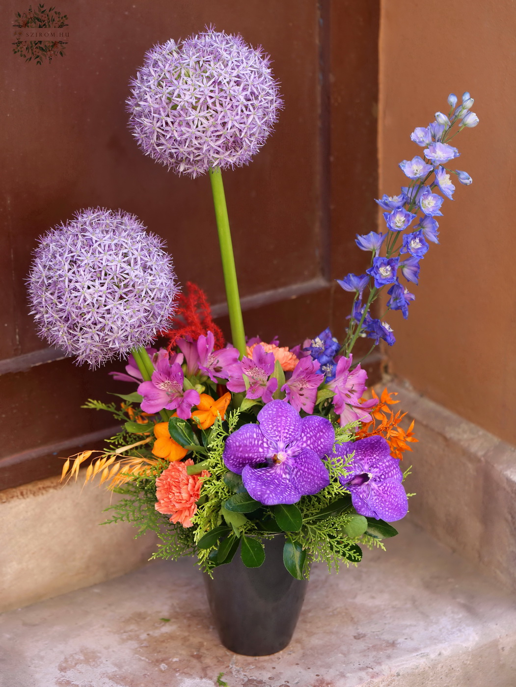 Blumenlieferung nach Budapest - Blumenarrangement mit duftige Allium Kugeln und Vanda-Orchideen