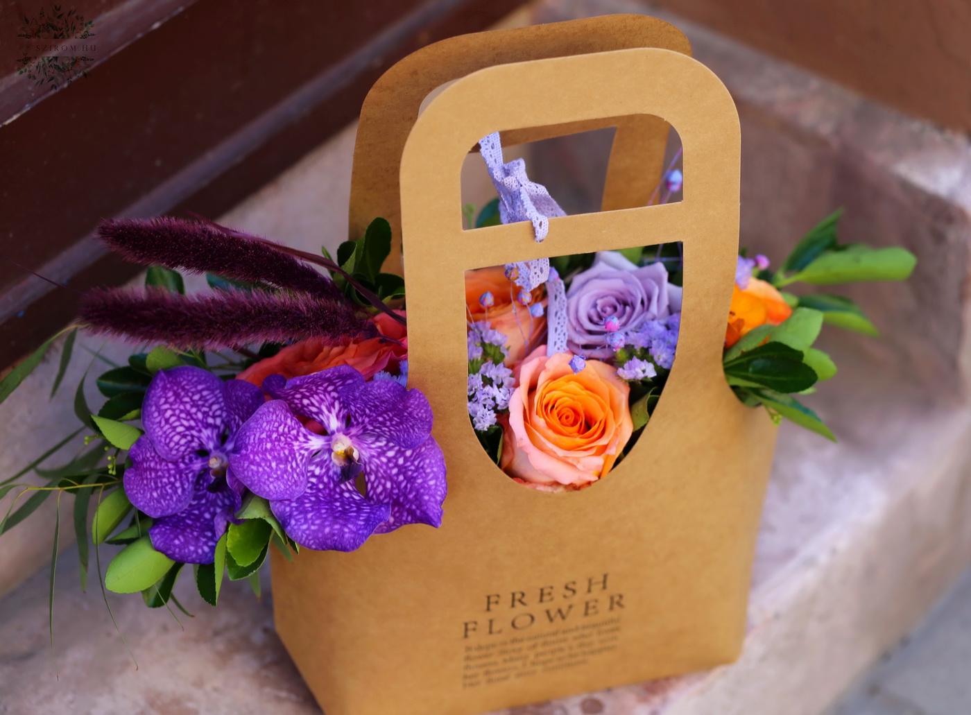 flower delivery Budapest - Summer vibe flowerbag with vanda orchids and coral roses
