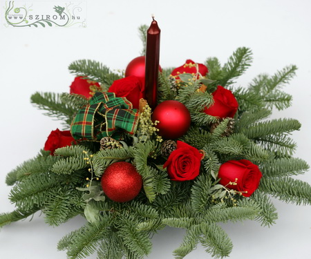 flower delivery Budapest - christmas centerpiece with pine, 7 red roses, decor balls (30cm)
