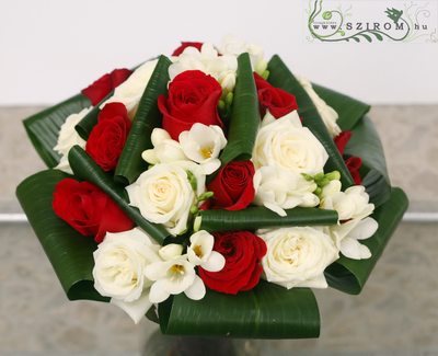 flower delivery Budapest - red and white roses and freesia (25 stems)