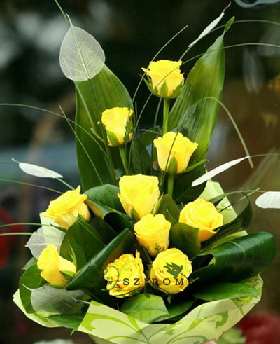 flower delivery Budapest - 10 yellow roses with veil leafs