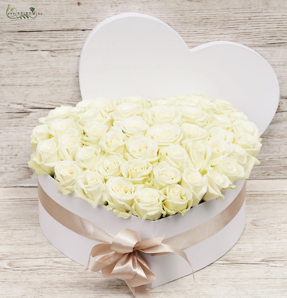 flower delivery Budapest - Heart box with 50 stamps of white roses